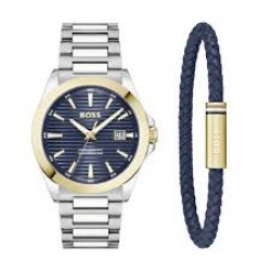 Boss-bicolor staal-band staal-blauwe wijzerplaat-41mm-5atm + armband leder - 616689