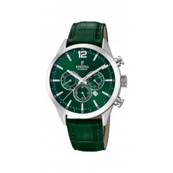 Festina-kast staal-groen leder band- groene wijzerplaat- 5 atm - 615701