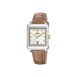 Festina-kast staal-bruin leder band-parelmoer wijzerplaat-5atm - 615707
