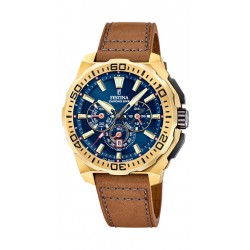Festina Chrono bike-kast staal-bruin leder band-blauwe wijzerplaat-20atm - 615831
