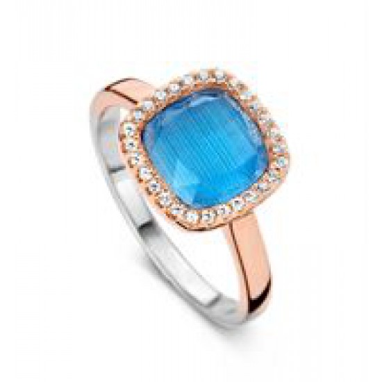 ring zilver met rosé blauwe steen en cubic zirconia - 604023
