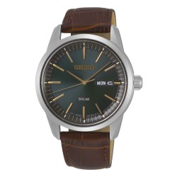 Seiko Solar-stalen kast-bruin leder band-groene wijzerplaat-40mm-10atm - 614790